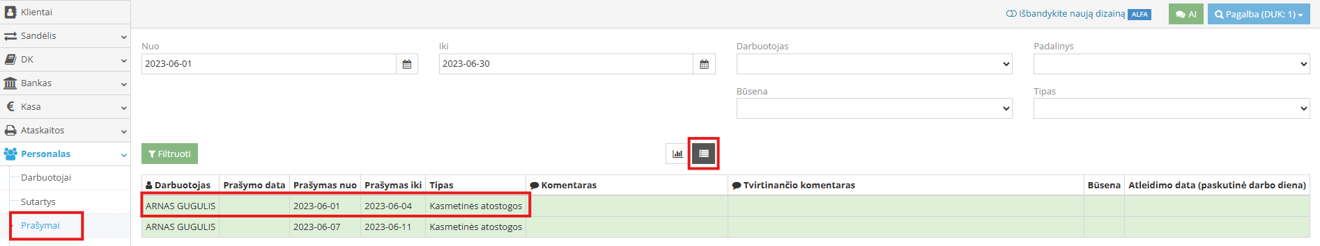 Personalas modulis su patvirtintu prašymu